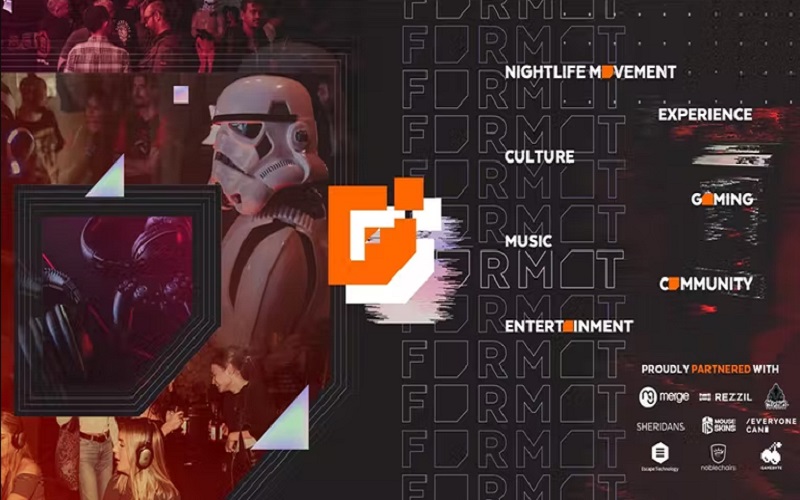 Format 2022 launch party graphic displaying the logo, a Stormtrooper, and text mentioning 'nightlife movement', 'experience', 'culture' etc and listing some of the partners.