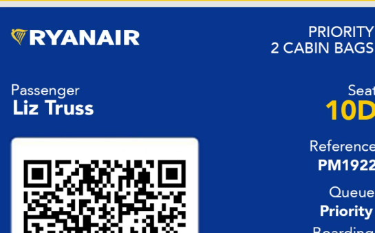 Ryanair's faked boarding pass for Liz Truss following her resignation