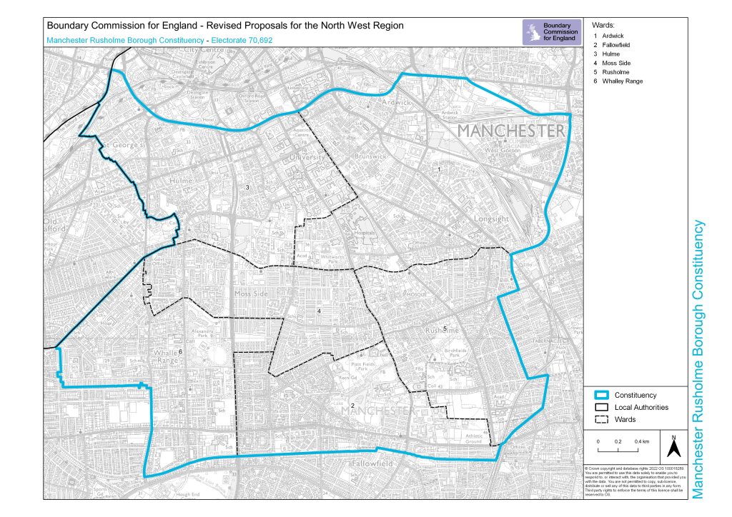 A map of the proposed new constituency of Manchester Rusholme, compromising of the wards of Ardwick, Fallowfield, Hulme, Moss Side, Rusholme, and Whalley Rance