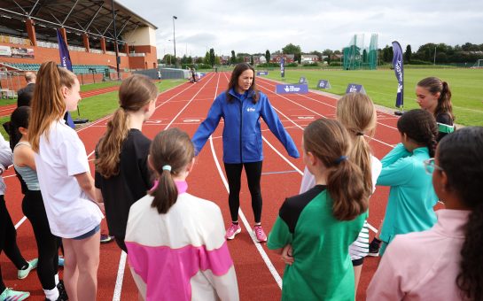 Olympian Jo Pavey visits Leigh Harriers Athletics Club with The National Lottery to see the inspirational effect Keeley Hodgkinson is having at her club during The National Lottery X World Athletics Championships on August 25, 2023 in Leigh, England. (Photo by Alex Livesey/Getty Images for The National Lottery)