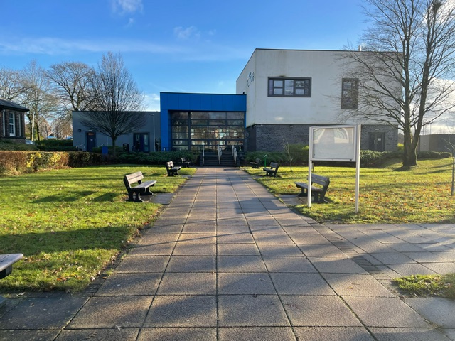 Benches in grassy area