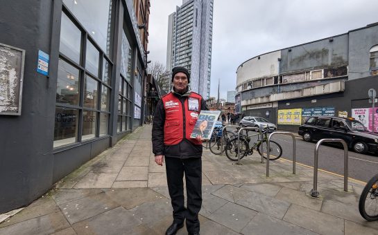 The Big Issue seller Colin on Oxford Road in Manchester