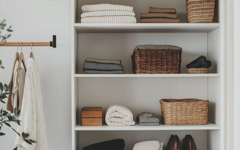 Organised wardrobe with neatly folded clothes and baskets inside (Credit: Yulia Gapeenko via Vecteezy)