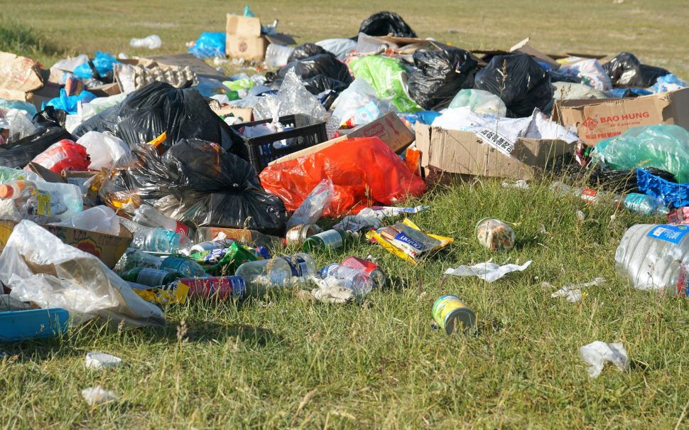 Photograph of bin bags and general rubbish discarded on grass area