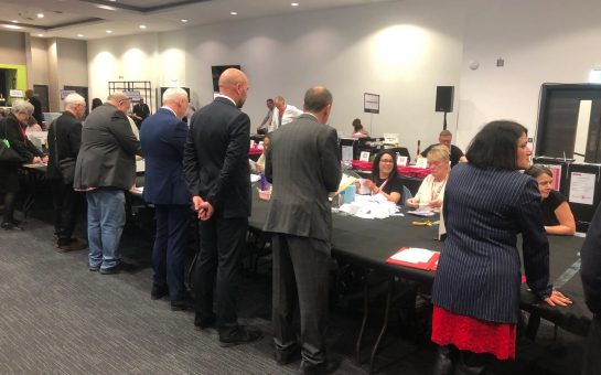 People counting the ballots for the Salford Local Election in Eccles