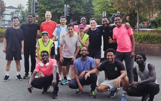 People seeking asylum at a Manchester asylum hotel join a run organised by MileShyClub as part of their Refugee Run Club couch to 5k programme. Image by Carly Lyes for MM.