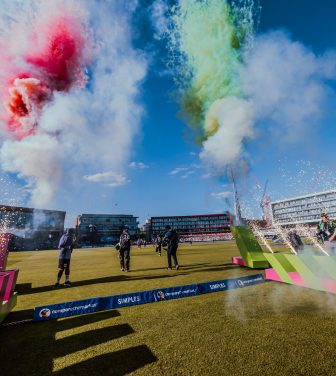 Image featuring players walking onto the pitch for The Hundred tournament at Emirates Old Trafford