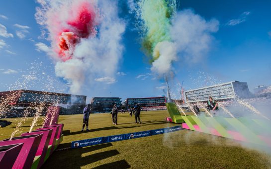 Image featuring players walking onto the pitch for The Hundred tournament at Emirates Old Trafford