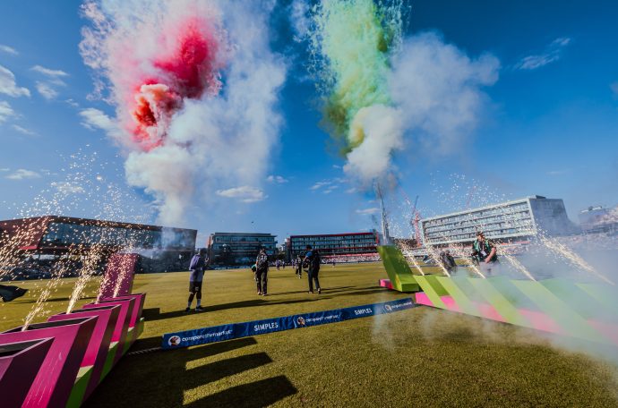 Image featuring players walking onto the pitch for The Hundred tournament at Emirates Old Trafford