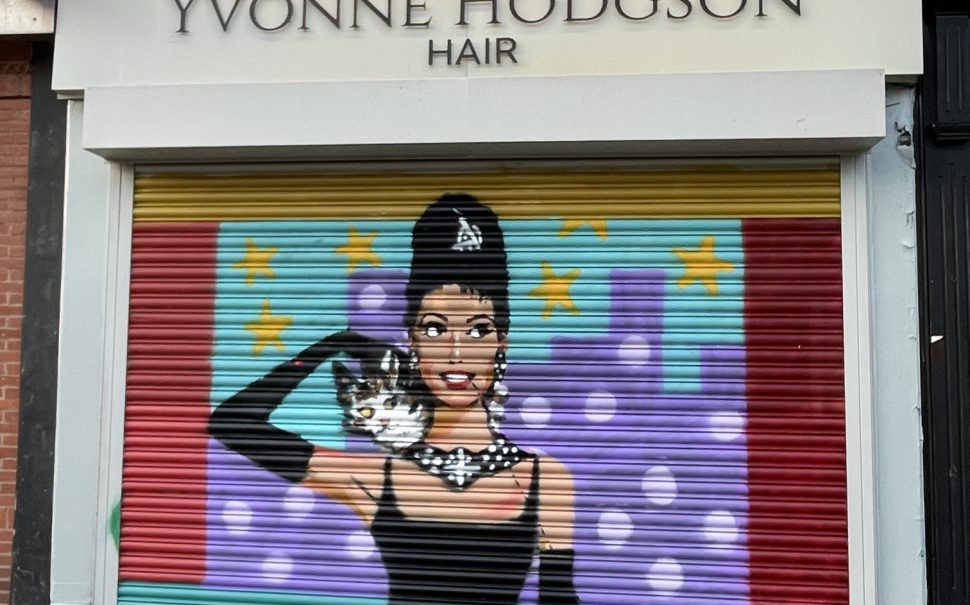 An artwork depicting Audrey Hepburn in Breakfast at Tiffany's on a business shutter